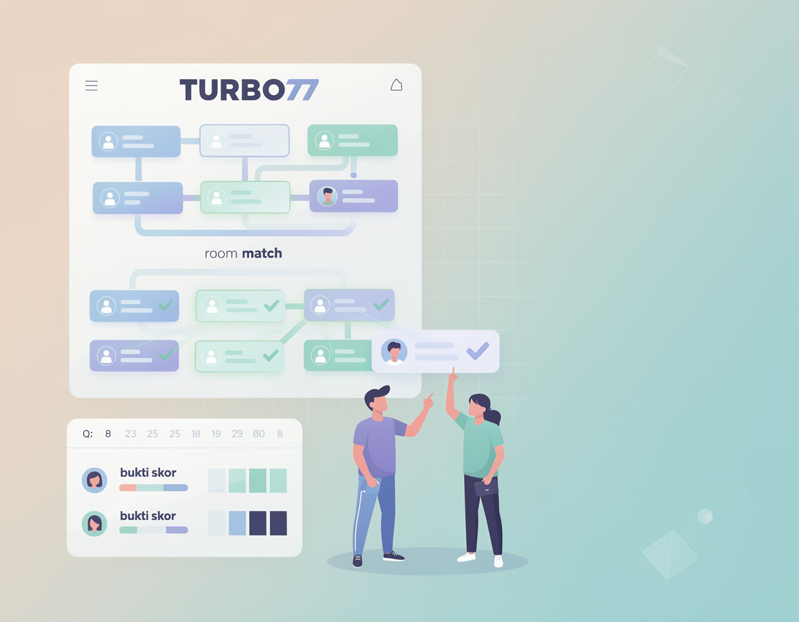 Ilustrasi alur check in match TURBO77 dengan bracket, room match, dan bukti skor