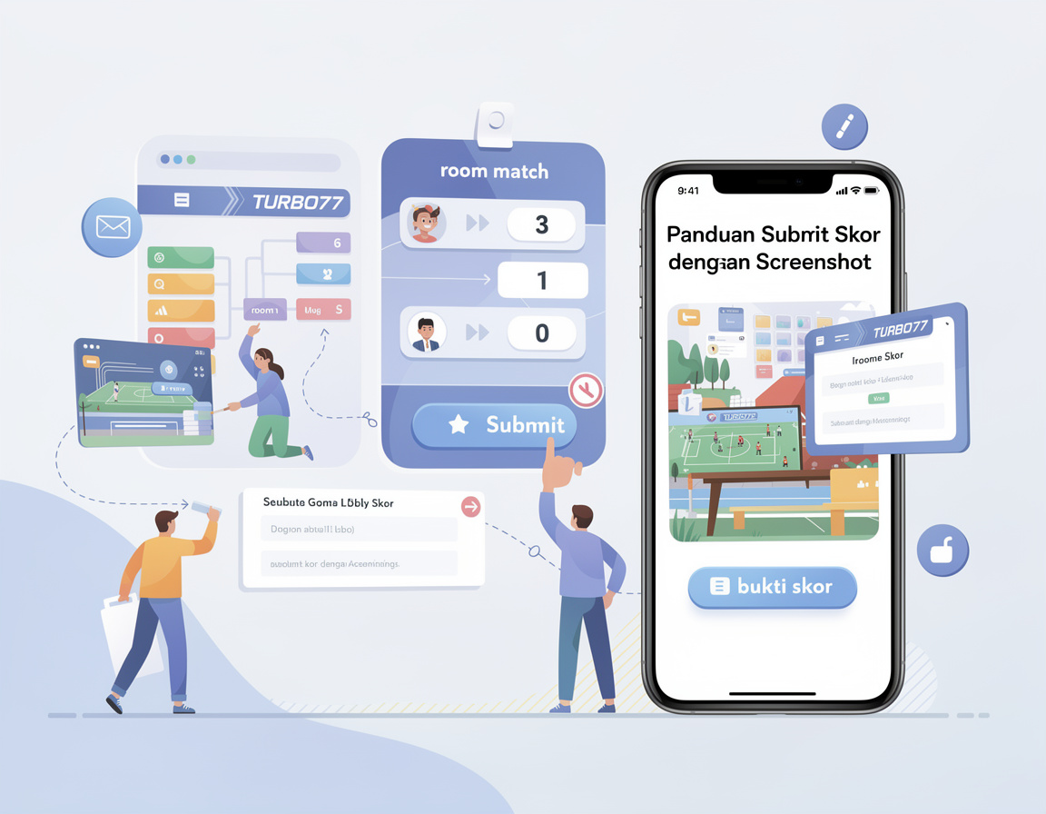 Ilustrasi panduan submit skor TURBO77 dengan bracket, room match, dan bukti skor